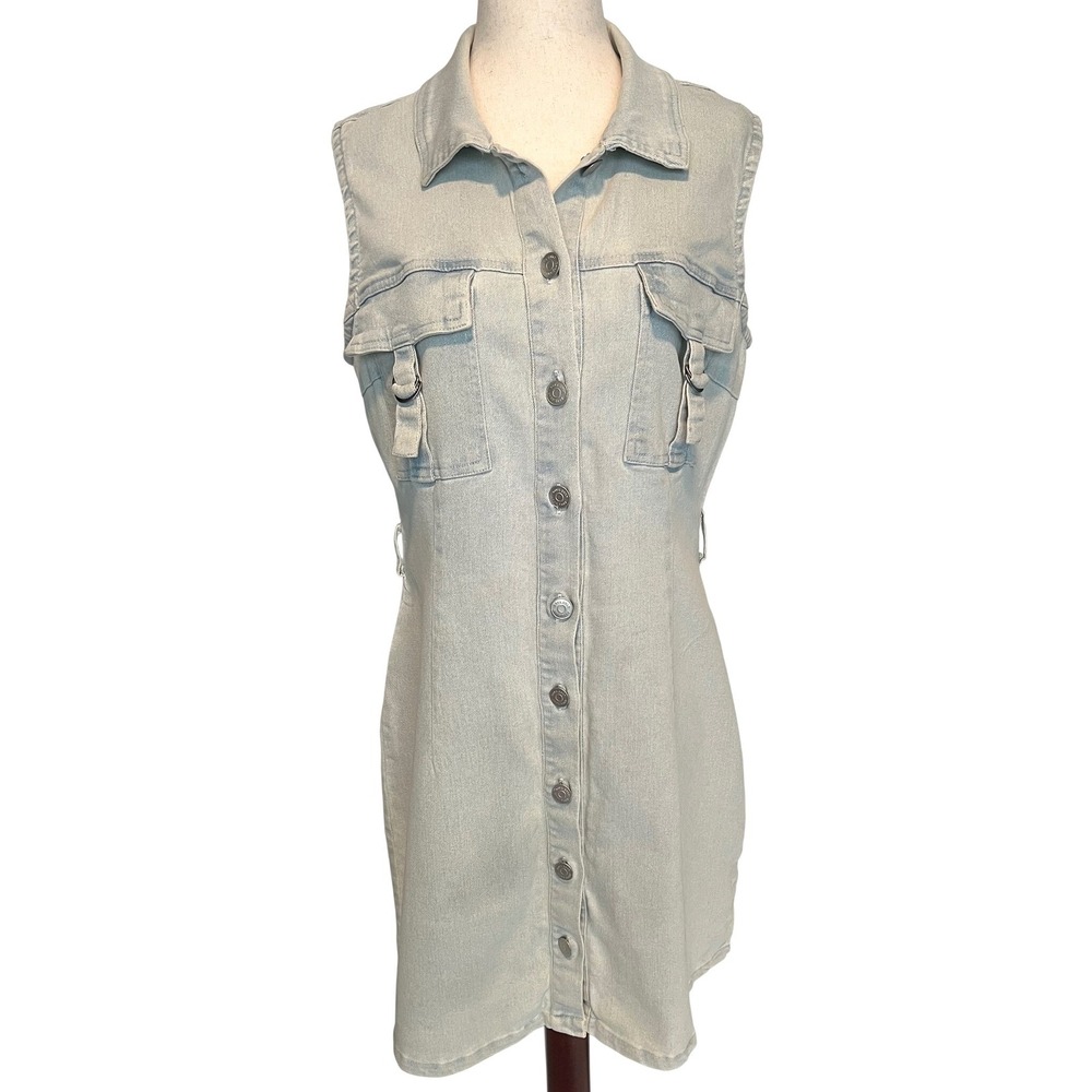 Love Cult Women's L Denim Mini Dress Light Wash Utility Button Front Sleeveless